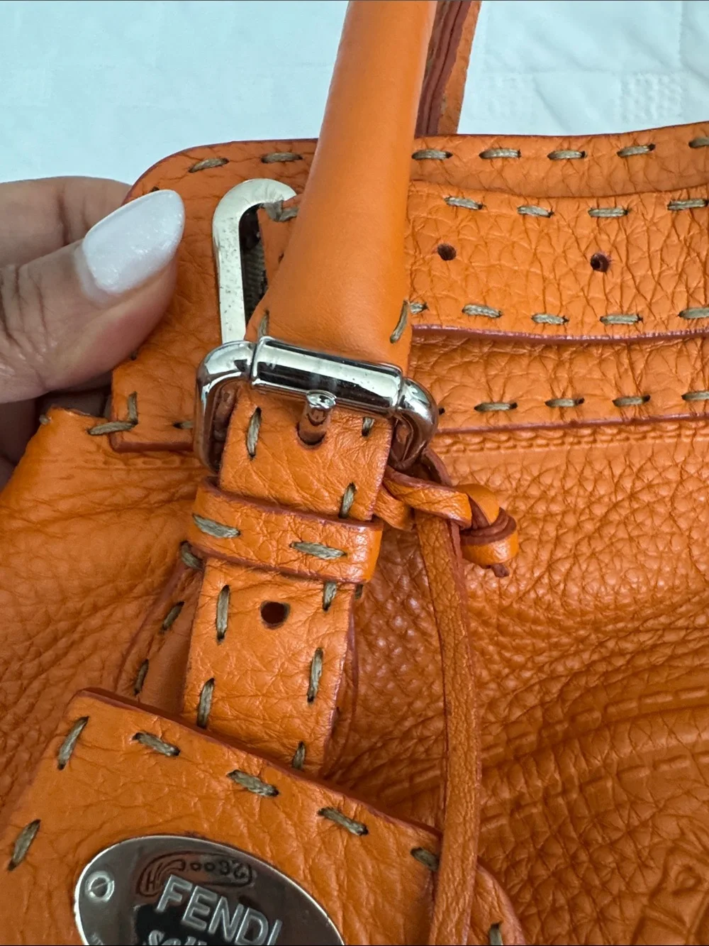 Fendi Orange Pebbled Leather Satchel